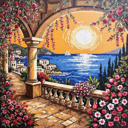 Coastal Balcony with Sunset and Flowers Mosaic