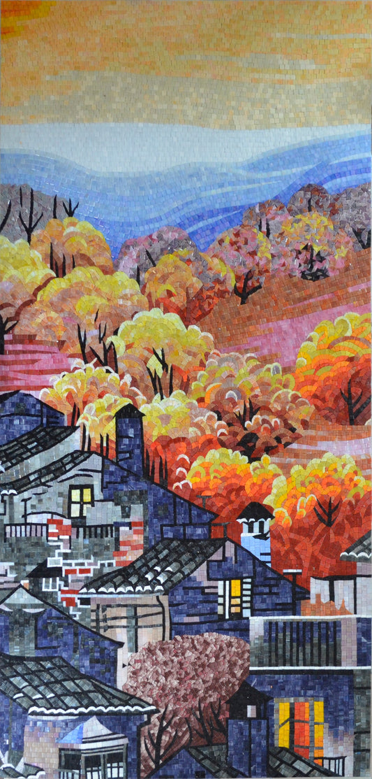 Fall Glass Tile Mosaic - Village View | Landscape Mosaics | iMosaicArt