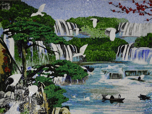 Forest Waterfall Glass Mosaic Tile Art | Landscape Mosaics | iMosaicArt