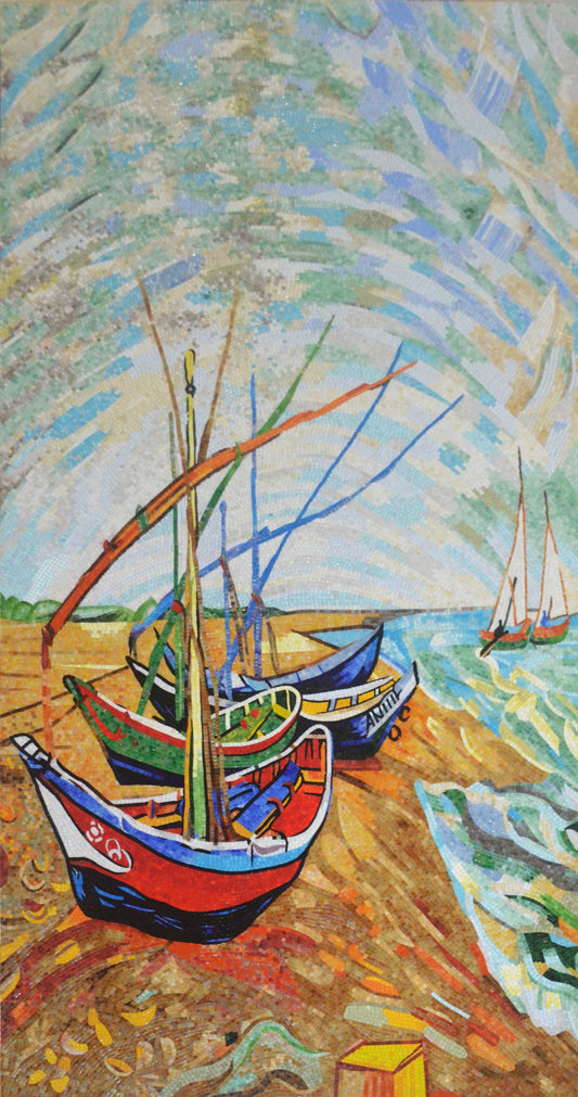 Fishing Boats on the Beach - Van Gogh Glass Mosaic Reproduction | Nautical Mosaics | iMosaicArt