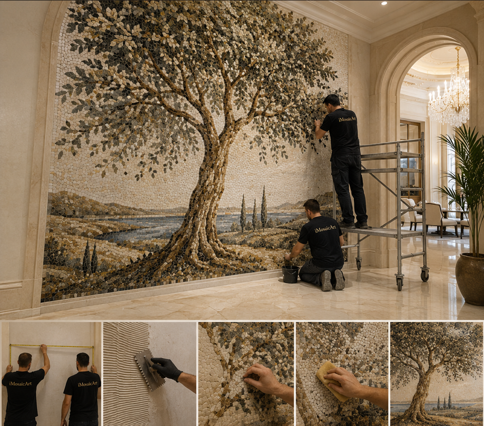 iMosaicArt team installing a tree mosaic mural