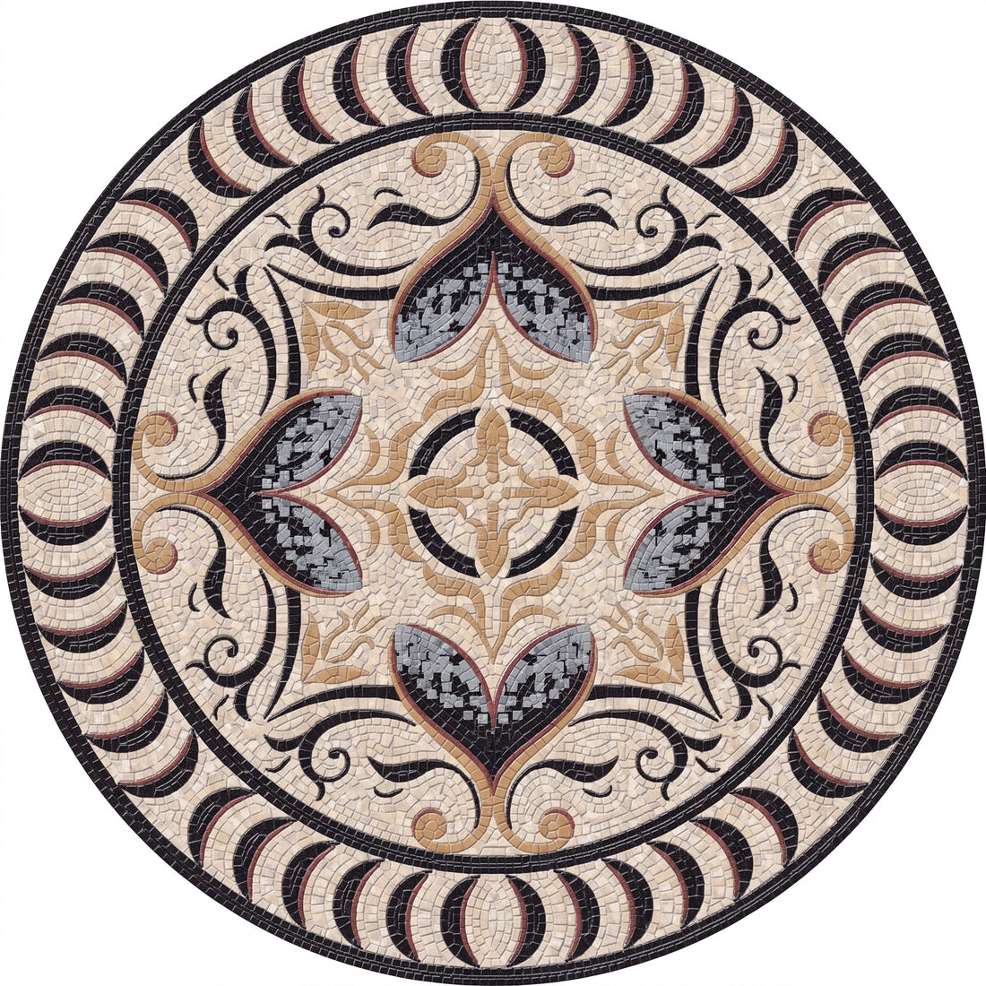 Ivory Baroque Scroll Medallion Marble Mosaic Art
