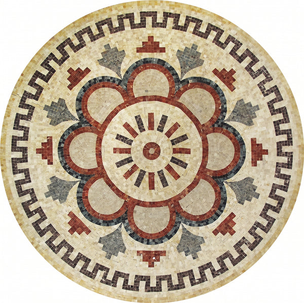 Crimson Petal Greek Key Medallion Marble Mosaic Art