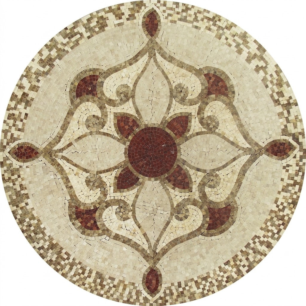 Crimson Quatrefoil Scroll Medallion Marble Mosaic Art