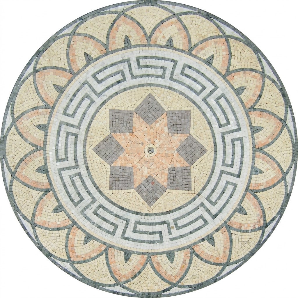 Peach Greek Key Star Medallion Marble Mosaic Art