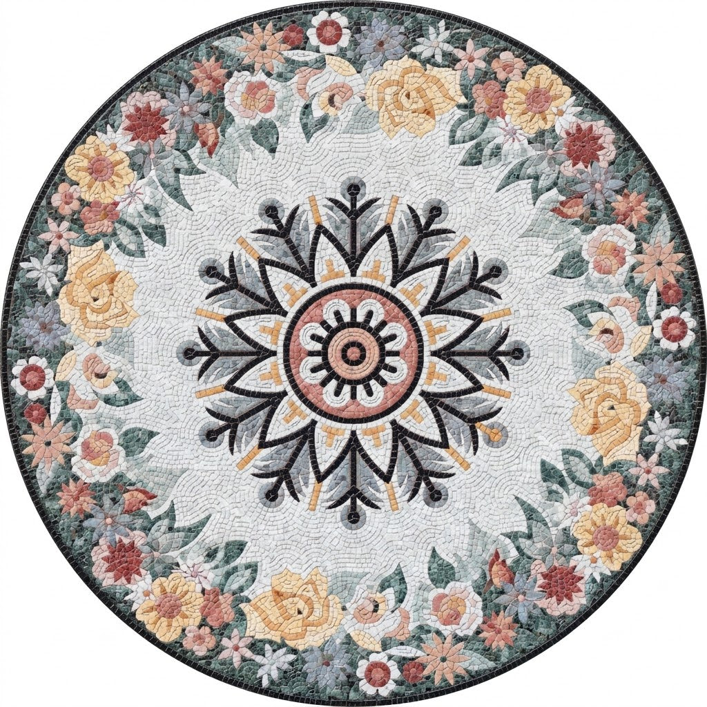 Floral Garland Star Medallion Marble Mosaic Art