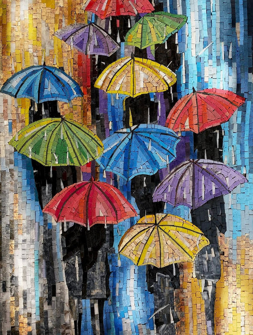 Colorful Umbrellas Rainy Day Mosaic Art