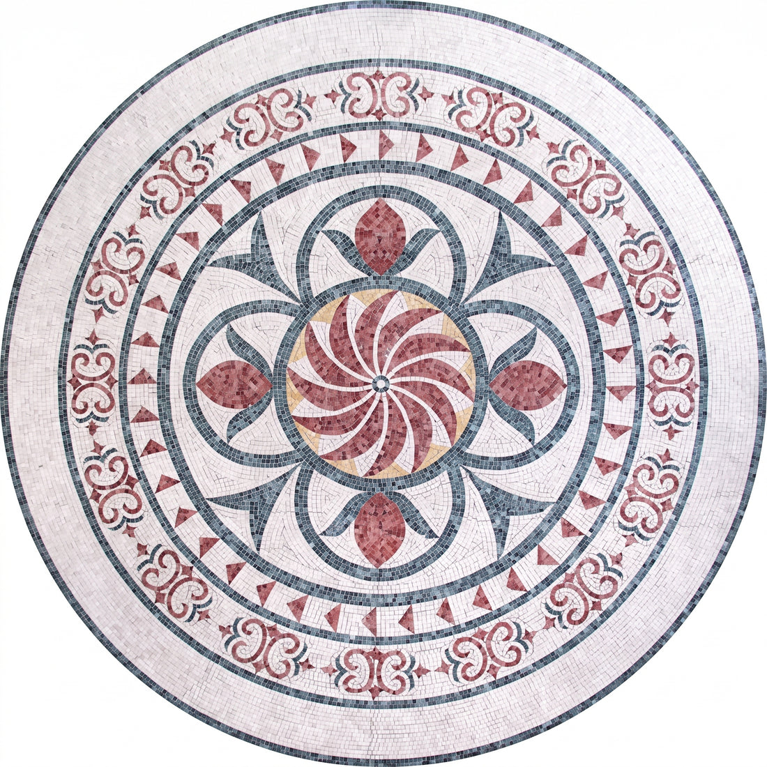 Crimson Pinwheel Floral Medallion Marble Mosaic Art