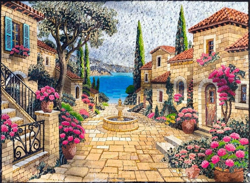 Mediterranean Courtyard Fountain Mosaic Art