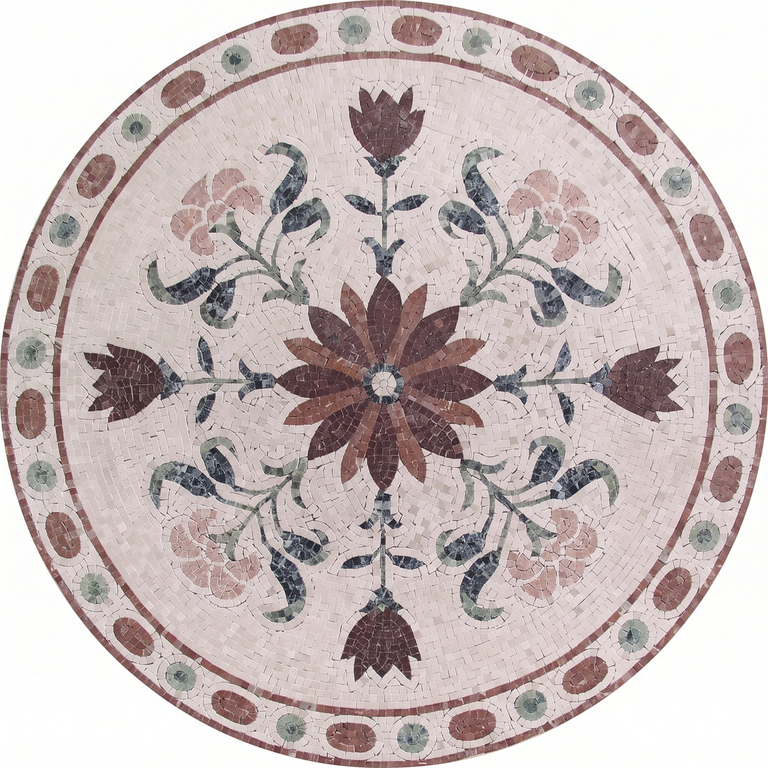 Burgundy Tulip Bloom Medallion Marble Mosaic Art