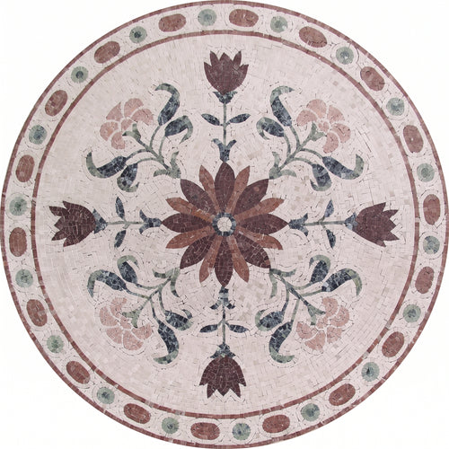 Burgundy Tulip Bloom Medallion Marble Mosaic Art