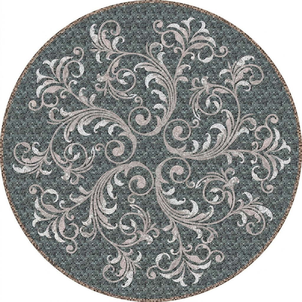 Teal Scroll Vine Medallion Marble Mosaic Art