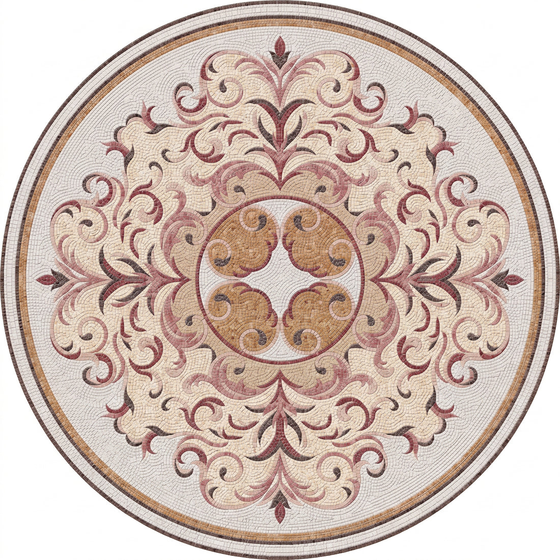 Ivory Blush Baroque Rosette Medallion Marble Mosaic Art