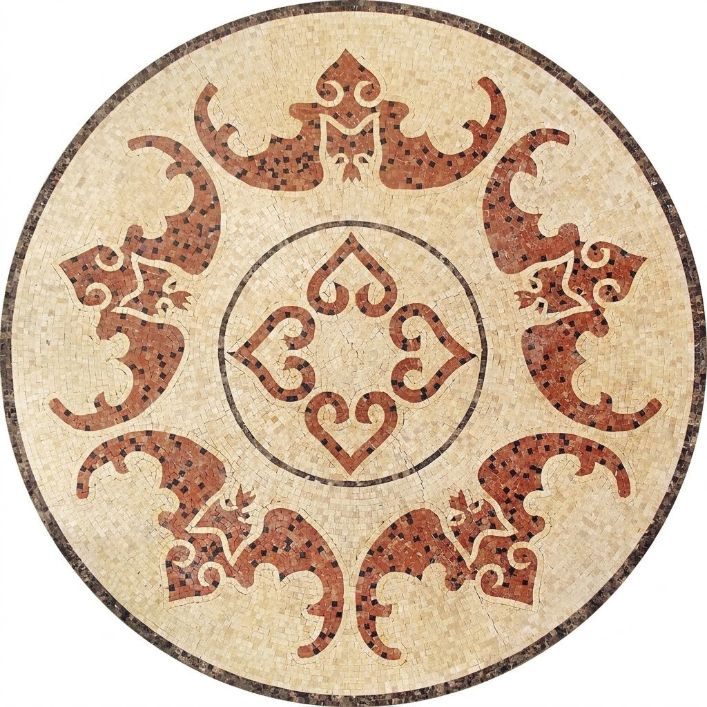 Rust Heart Scroll Medallion Marble Mosaic Art
