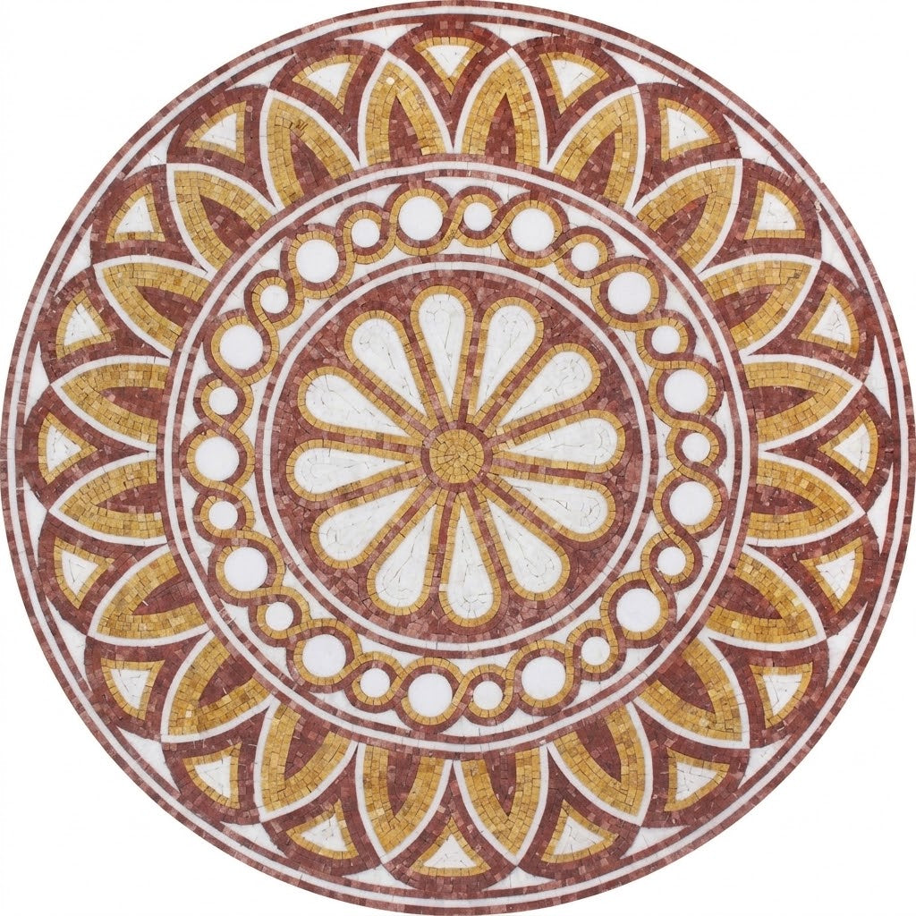 Crimson Gold Daisy Medallion Marble Mosaic Art