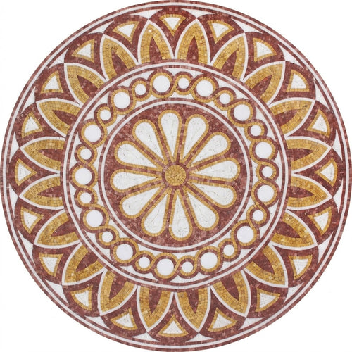 Crimson Gold Daisy Medallion Marble Mosaic Art