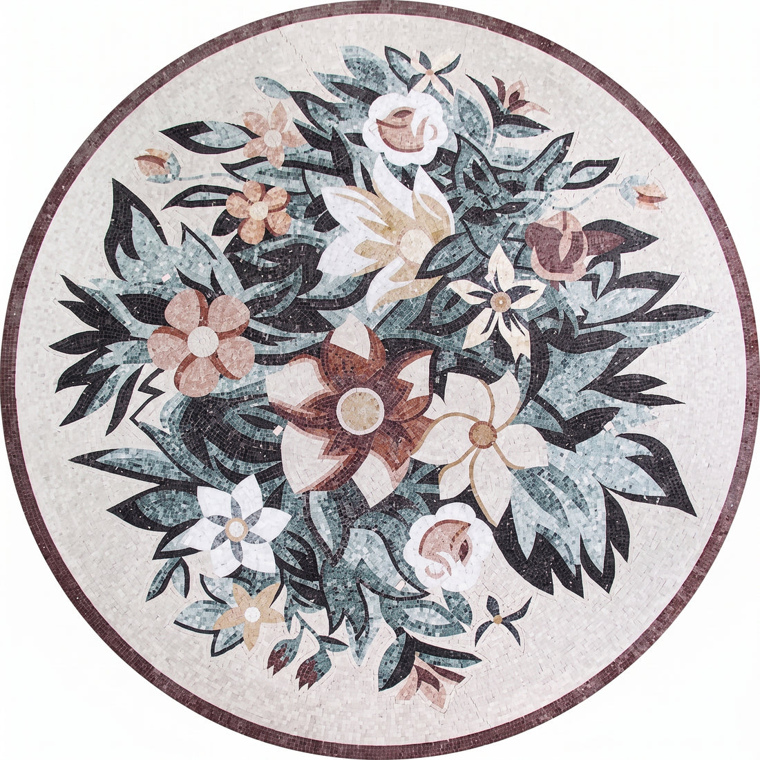 Coral Floral Bouquet Medallion Marble Mosaic Art