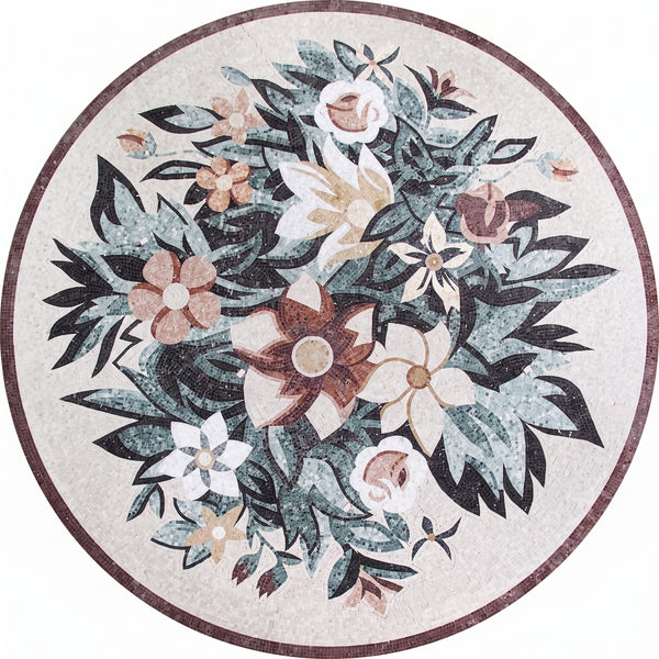 Coral Floral Bouquet Medallion Marble Mosaic Art