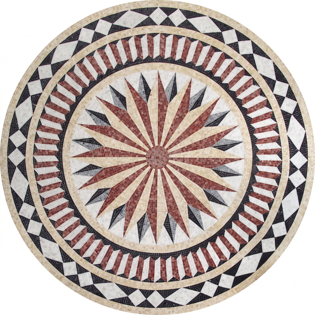 Red Compass Star Medallion Marble Mosaic Art