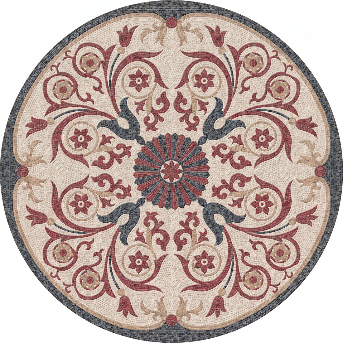 Burgundy Scroll Bloom Medallion Marble Mosaic Art