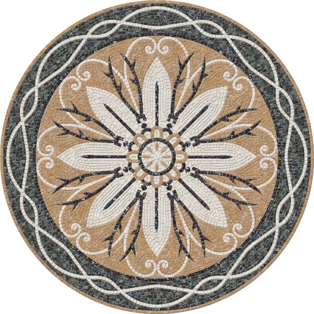 Golden Daisy Sunburst Medallion Marble Mosaic Art