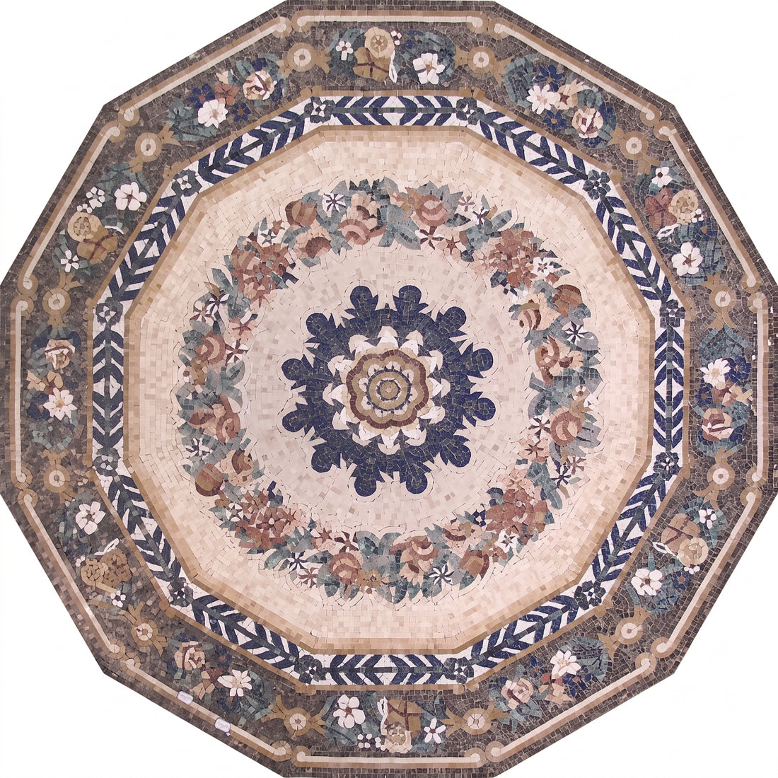 Navy Floral Octagon Medallion Marble Mosaic Art