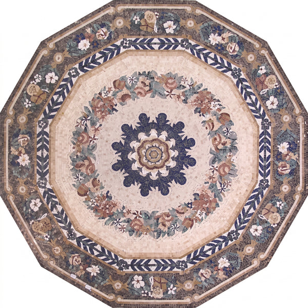 Navy Floral Octagon Medallion Marble Mosaic Art
