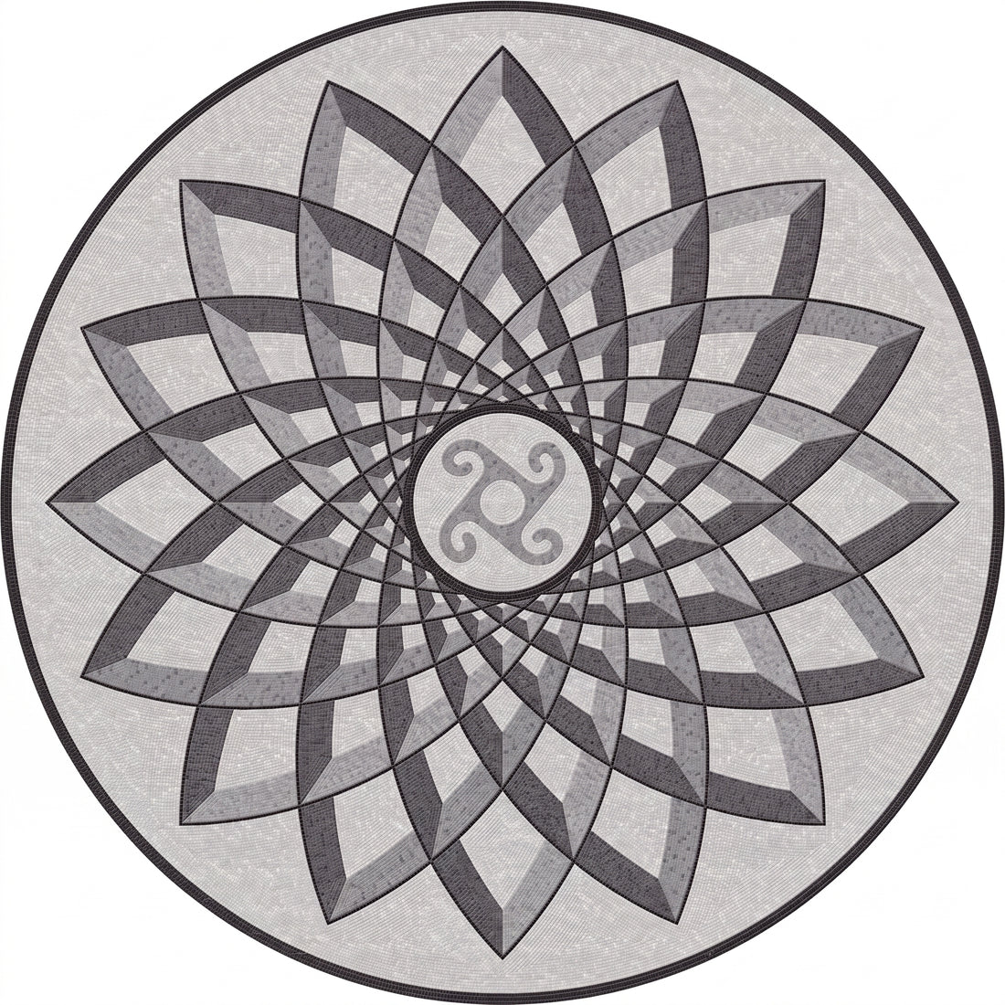 Grayscale Lotus Pinwheel Medallion Marble Mosaic Art