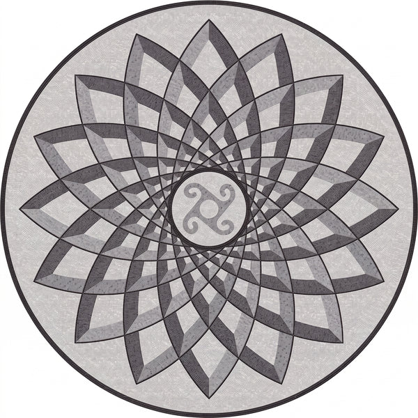Grayscale Lotus Pinwheel Medallion Marble Mosaic Art