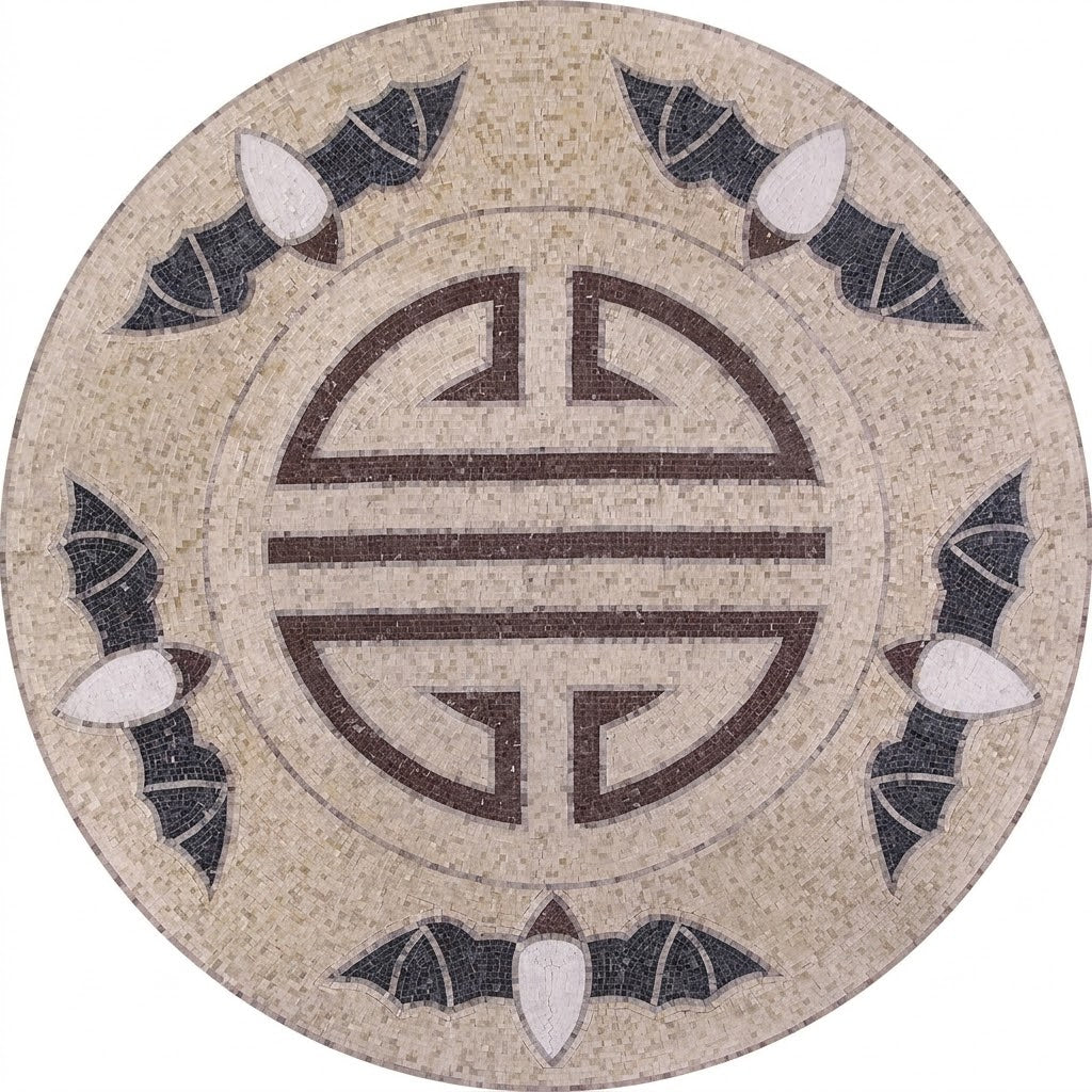 Longevity Five Bats Medallion Marble Mosaic Art