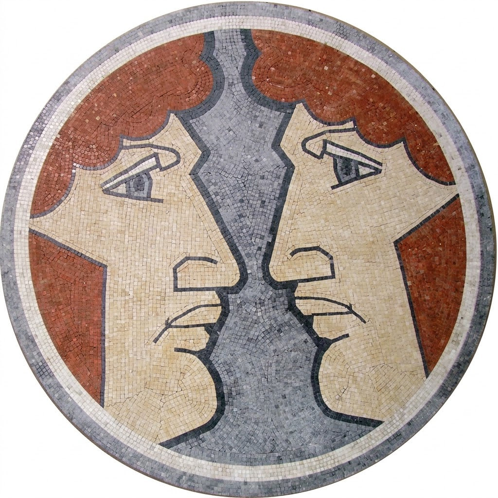 Twin Faces Portrait Medallion Marble Mosaic Art