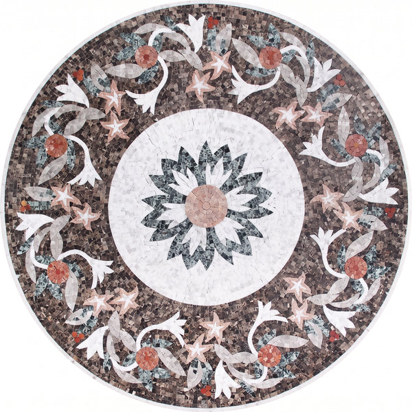 Sunflower Emperador Floral Medallion Marble Mosaic Art
