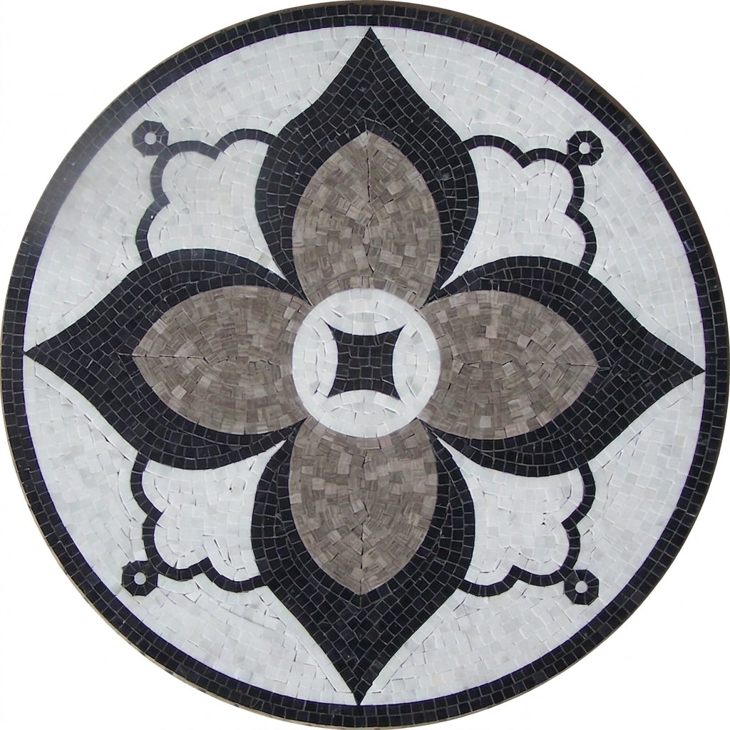Monochrome Floral Medallion Marble Mosaic Art