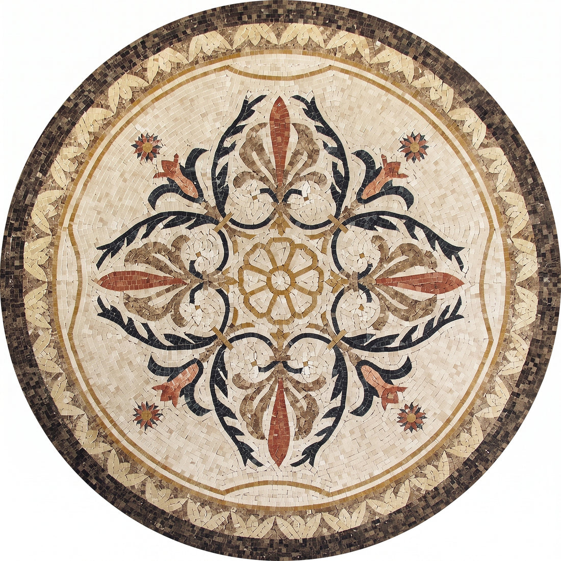 Ivory Fleur Scroll Medallion Marble Mosaic Art