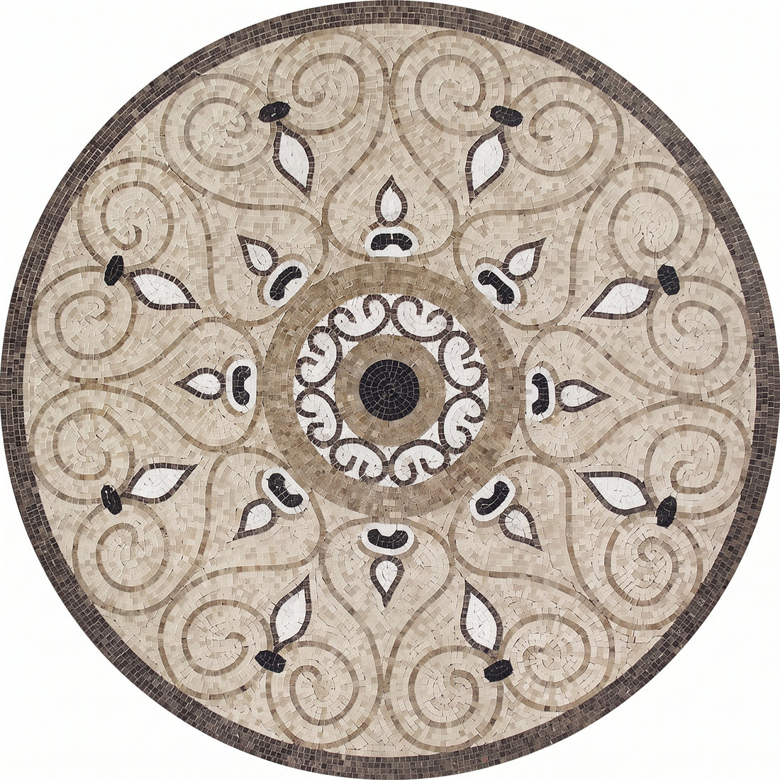 Ivory Spiral Scroll Medallion Marble Mosaic Art