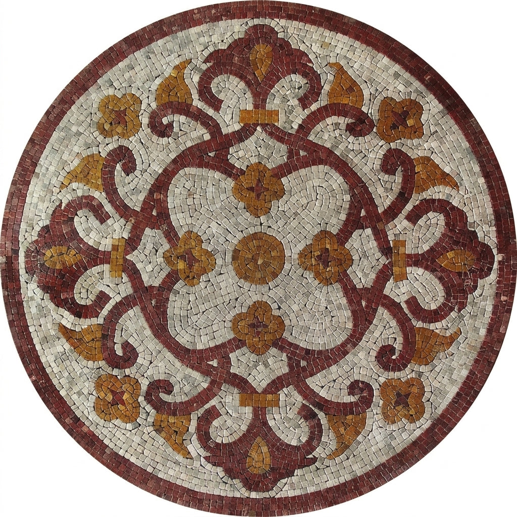 Burgundy Fleur Scroll Medallion Marble Mosaic Art