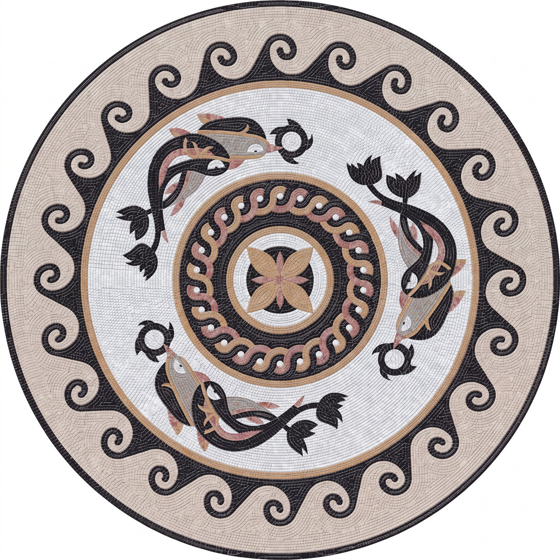 Roman Dolphin Wave Medallion Marble Mosaic Art