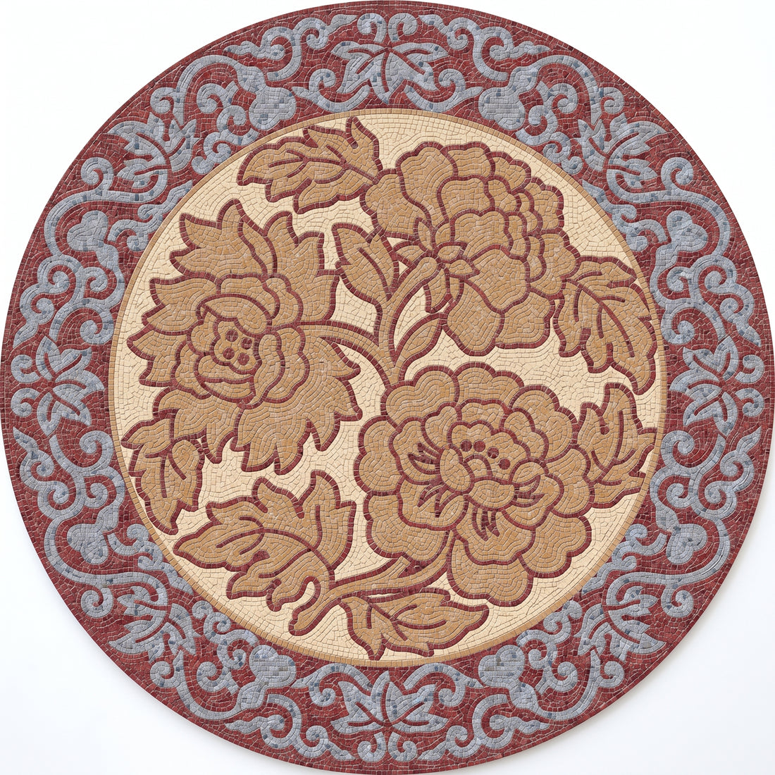 Golden Peony Bloom Medallion Marble Mosaic Art