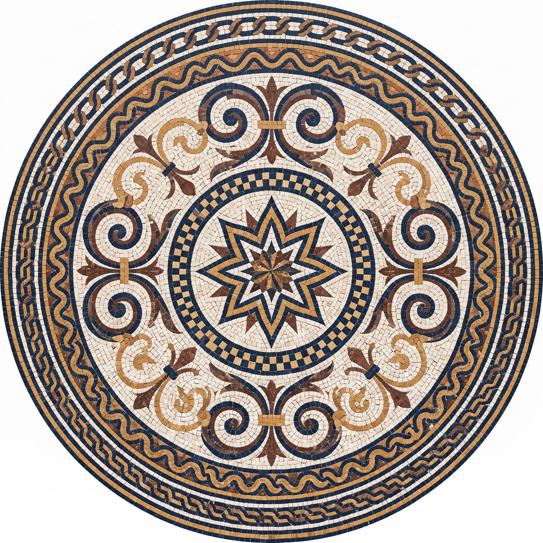 Navy Roman Compass Star Medallion Marble Mosaic Art