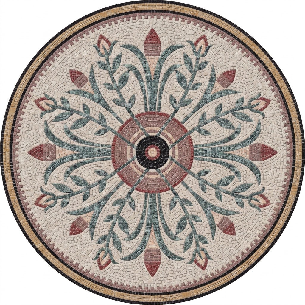 Ivory Leaf Vine Medallion Marble Mosaic Art