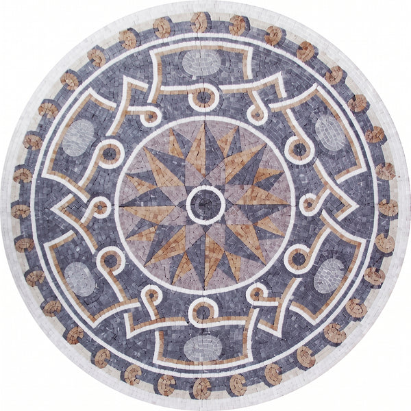 Grey Compass Rose Medallion Marble Mosaic Art