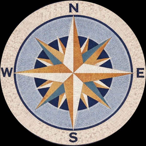 Blue and Gold Compass Rose Medallion Mosaic Art