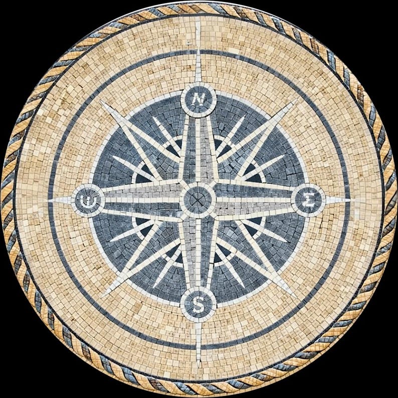 Beige and Slate Compass Rose Medallion Mosaic Art