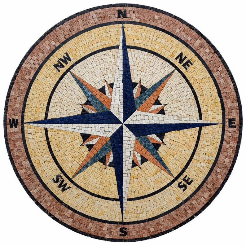 Gold and Navy Compass Rose Medallion Mosaic Art