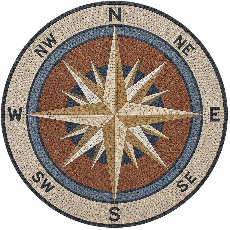 Terracotta Compass Rose Medallion Mosaic Art