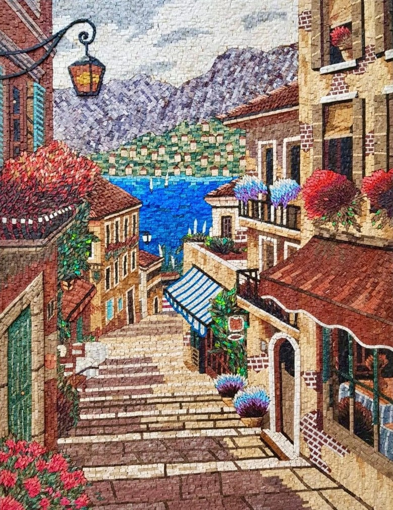 Mediterranean Village Seaside Mosaic Art