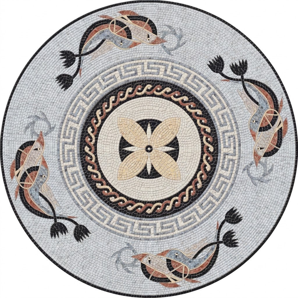 Roman Bird Greek Key Medallion Marble Mosaic Art