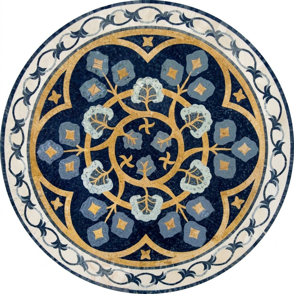Midnight Gold Blossom Mandala Marble Mosaic Art