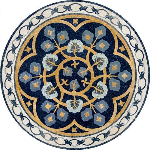 Midnight Gold Blossom Mandala Marble Mosaic Art