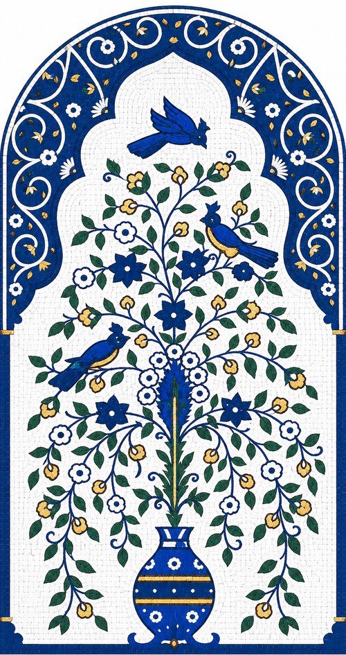 Blue Floral Tree of Life Arch Mosaic Art